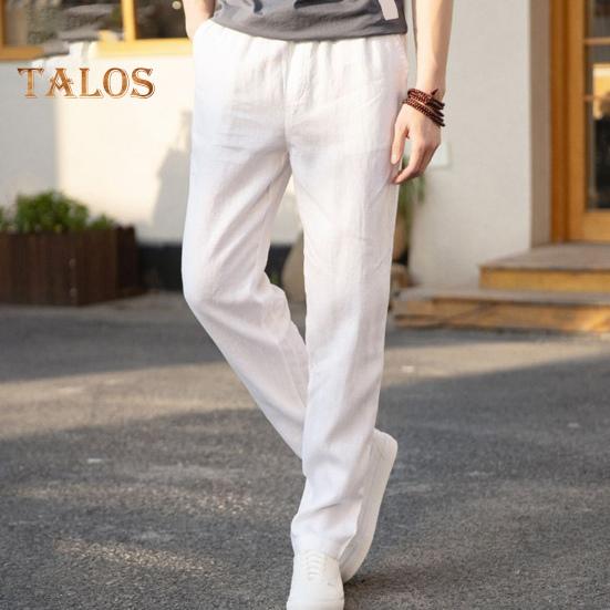 Men's Linen Casual Pants Solid Color Straight Leg Trousers Drawstring Waist Thin Summer Pants for Streetwear Travel Vacation