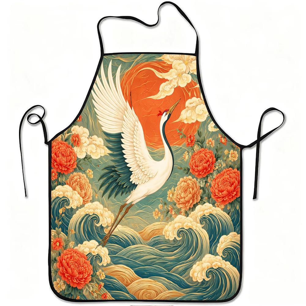 1pc Crane and Peony Floral Print Apron, Durable and Easy To Clean, Adjustable Waistband, Polyester Material, for Kitchen Cooking, Gardening, Orchard P