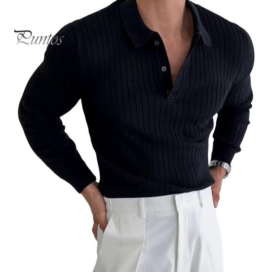 

Мужской топ весна-осень с отложным воротником на пуговицах в полоску, трикотажная рубашка с длинными рукавами, однотонная, облегающая, пуловер, повседневная одежда для свиданий M чёрный