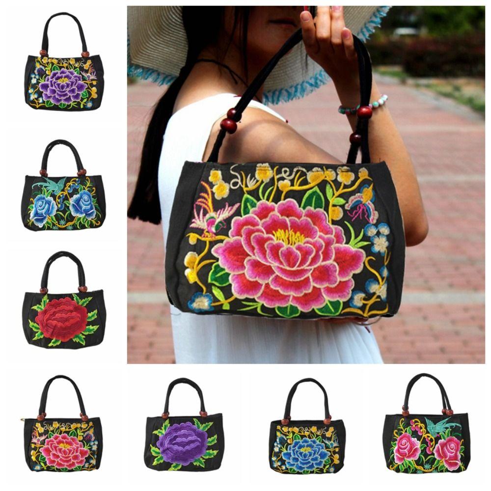 Leaf Ethnic Style Tote Bag Bird Rose Flower Shoulder Bag Elegant Embroidery Flower Handbag  Travel