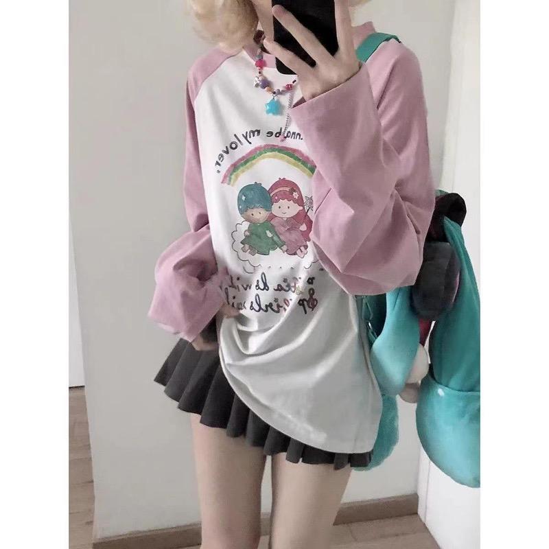 T-Shirt Long Sleeves Clothes Women Cute Cartoon Rainbow Print Long Sleeve T-Shirt Y2k Loose Casual Contrast Girls Tee Tops