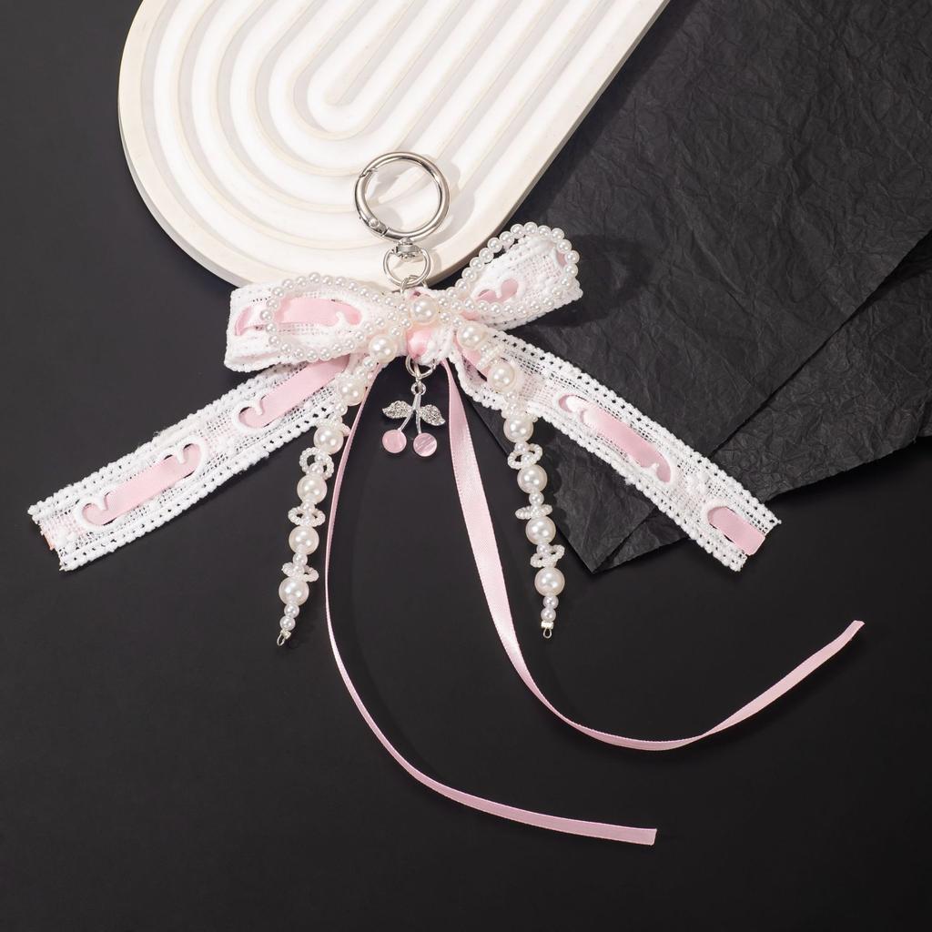 Süßer Rosa Spitzen-Schleifen-Taschenanhänger Perlenquaste Kirsch-Anhänger Coquette Ästhetisches Accessoire für Mädchen Geschenktaschen-Anhänger
