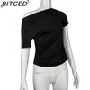 BITCED Spring/Summer Women's Slim-Fit Pleated Asymmetric Hem Short-Sleeved T-Shirt Top