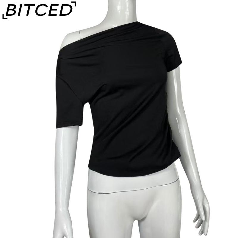 BITCED Spring/Summer Women's Slim-Fit Pleated Asymmetric Hem Short-Sleeved T-Shirt Top