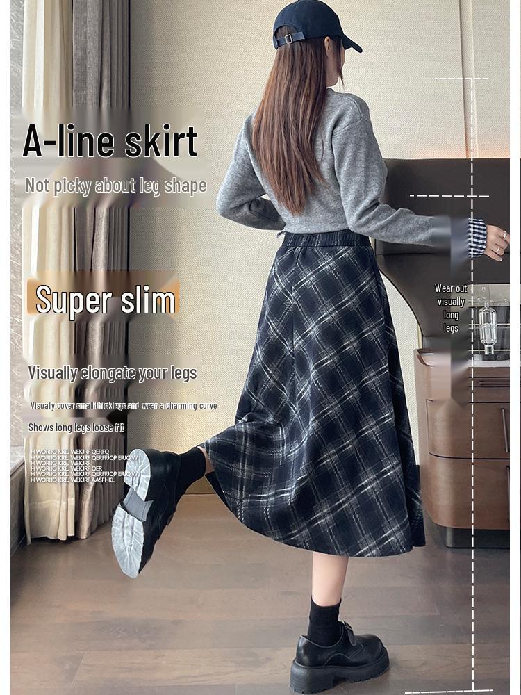 New Autumn/Winter Plus-Size Plaid Wool A-Line Midi Skirt for Women with Slimming Wide Hem