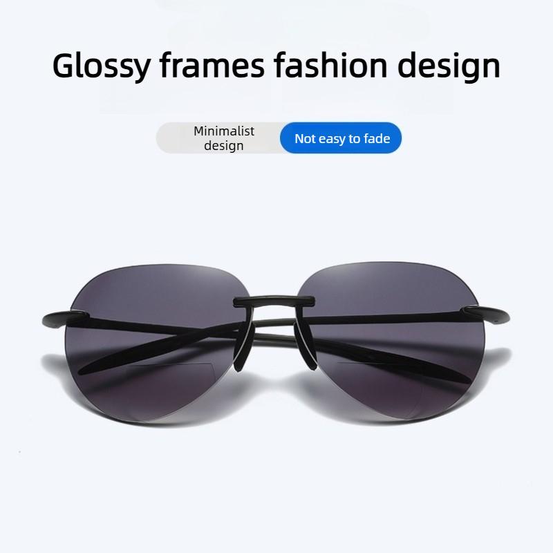 Rimless Frog-Eye Frame Presbyopia Sunglasses TR90 Frames Bifocal for Distance and Near Vision Outdoor Shades Reading Glasses