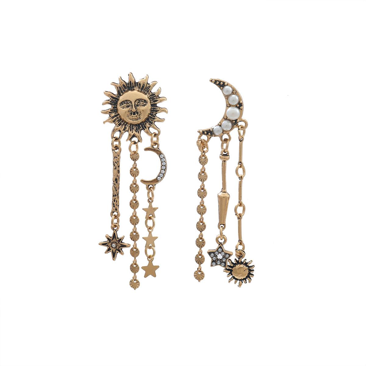 Exaggerated Sun Moon Asymmetrical Tassel Earrings for Women, Fashionable, Simple, Personalized, Long Style золотой