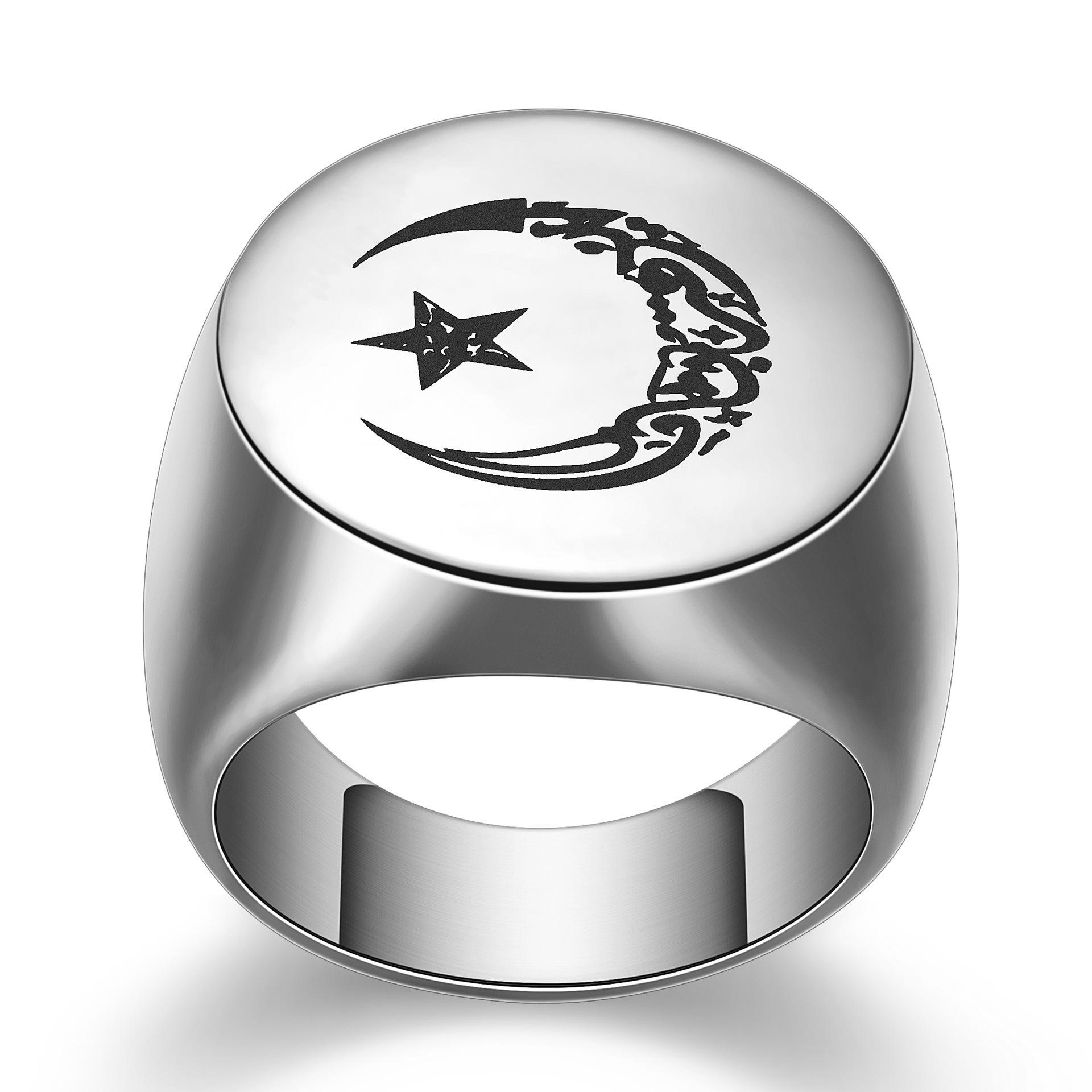 22MM Stainless Steel Star Moon Laser-Engraved Retro Ring for Women Size 7