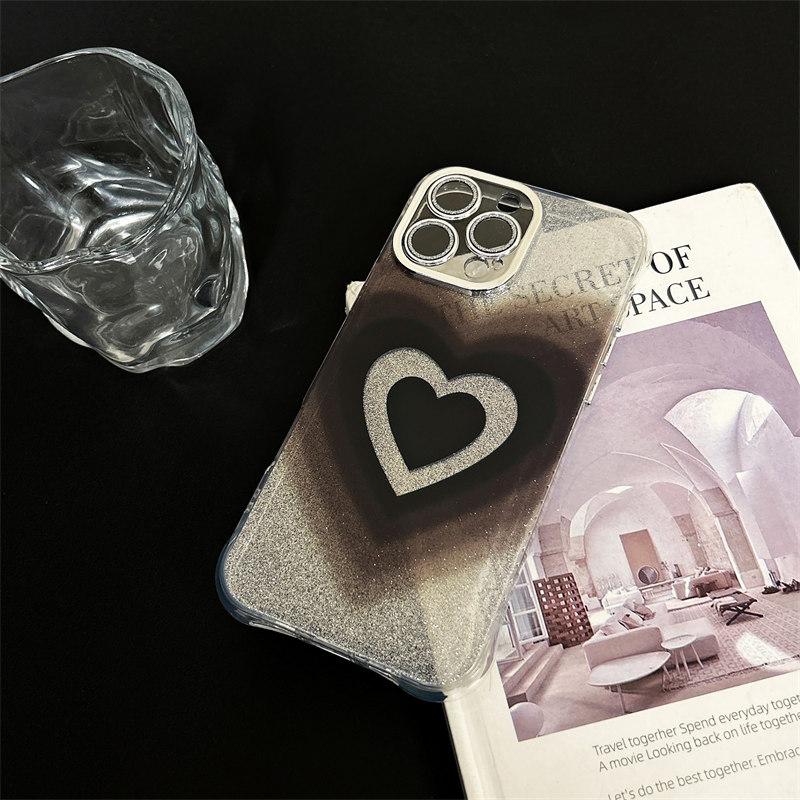 Stilvoller schwarzer Farbverlauf Liebesherz Glitzer mit Kameraglasfolie Handyhülle für iPhone 16 15 14 13 12 11 Pro Max Plus