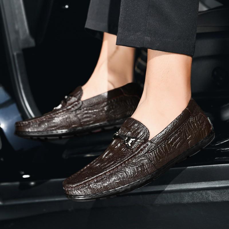Mens Loafer Slip-On Shoes Genuine Leather Crocodile Texture Comfortable Casual Flat Winter