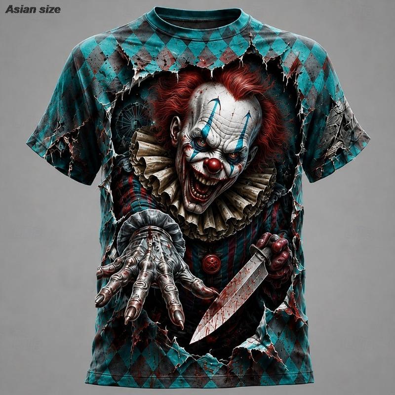 2026 Halloween Men's Optical Illusion Creepy Clown Vintage T Shirts Short Sleeve shirt 3D Print Crew Neck