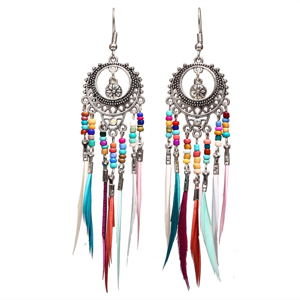 Retro Ethnic Style Hollow Out Carving Colors Beads Feather Tassel Earrings