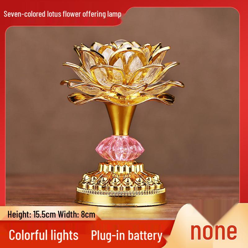 Seven-Color LED Rechargeable Buddha Offering Lamp - Lotus Design for Home and Guanyin Devotion.