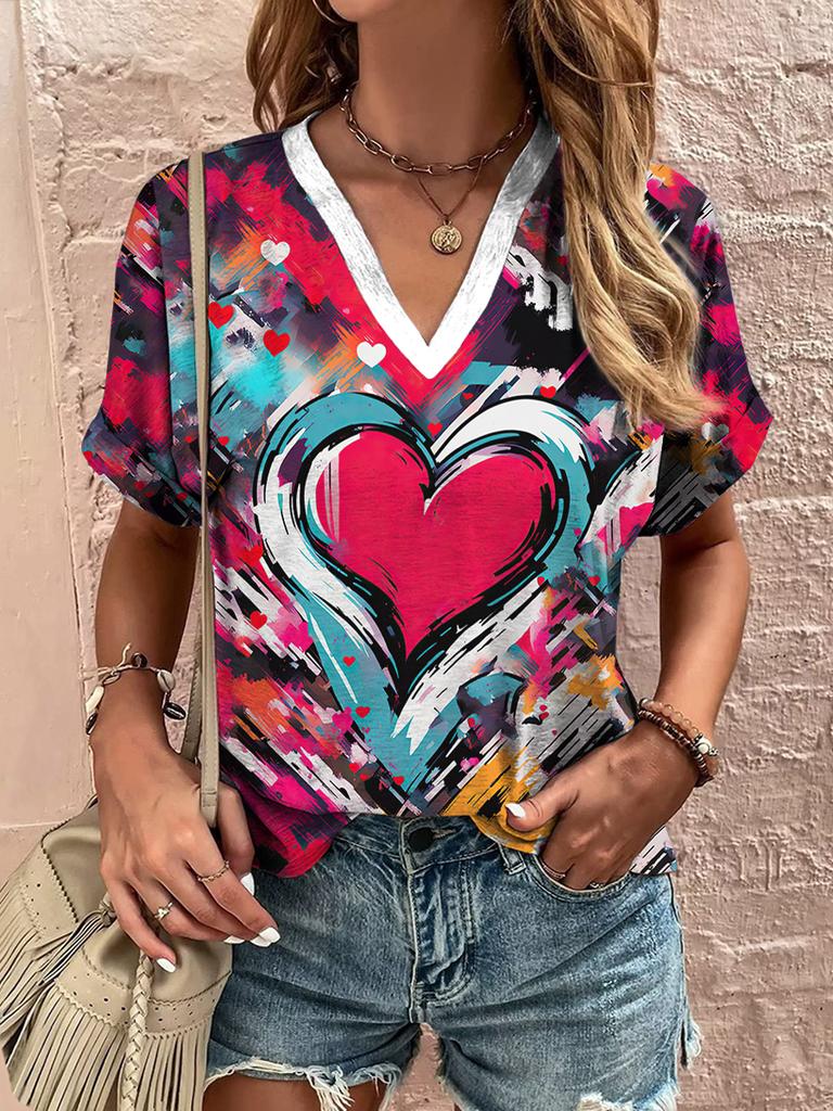 2025 New Summer Women's V-Neck T-Shirt Outdoor Casual Short Sleeve Tops Fashion Love Style Pattern OverSize Women's Clothing