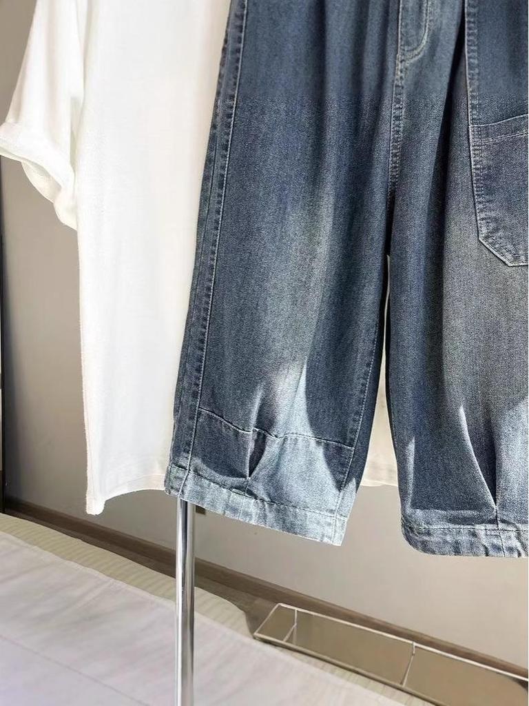 Women's Fashionable Six-Point Denim Capris: New Petite Summer Style, Elasticated Cuffs, Patch Details, Washed & Distressed Harem Pants.