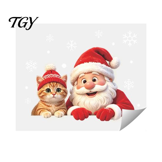 Holiday Glass Decals Christmas Santa Cat Window Sticker, Snowflake Xmas Decal, Waterproof Seasonal Pet Lover Gifts Self-Adhesive Decor for Balcony