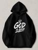 Black Pullover Hoodie with White "GOD IS GOOD" Text and Crown Graphic Casual Streetwear Sweatshirt with Kangaroo Pocket for Daily