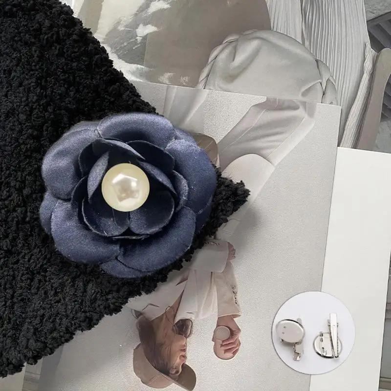 1Pcs French Leather Lapel Pin Corsage Bow Tie Accessory Black And White Plaid Bow Camellia Flower Pearl Tassel Brooch For Women