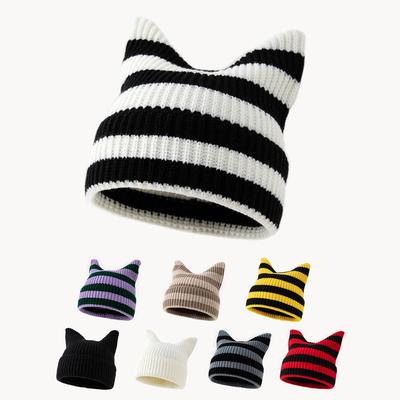 Autumn/Winter Devil Stripe Wool Cat Ear Knit Hat