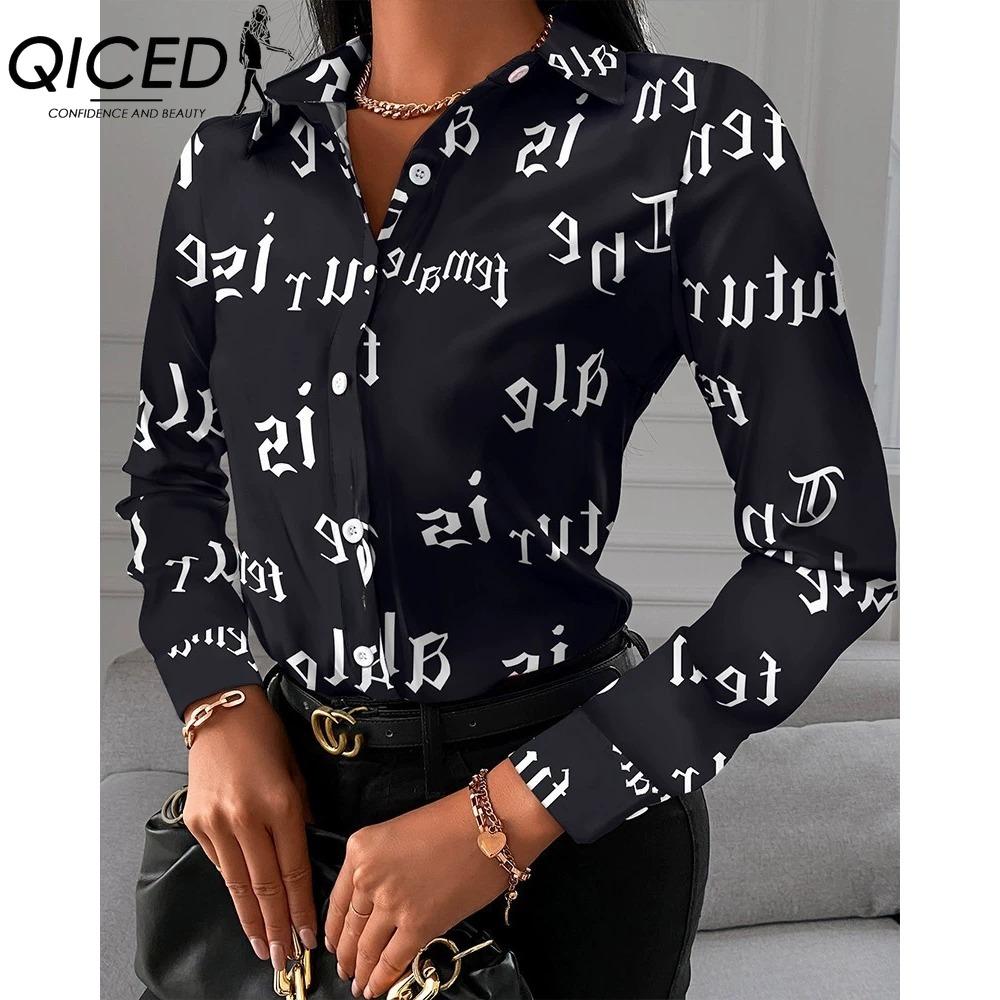 QICED Women's Fashion Casual Solid Color Print Long Sleeve POLO Neck Blouses & Shirts