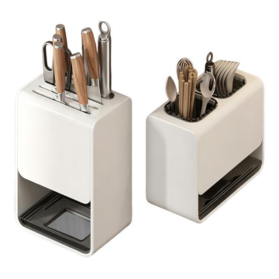 Wall-Mounted Countertop Knife Holder with Drip Tray Space-Saving Carbon Steel Plastic Rack for Kitchen Knives No-Drill Installation Anti-Slip
