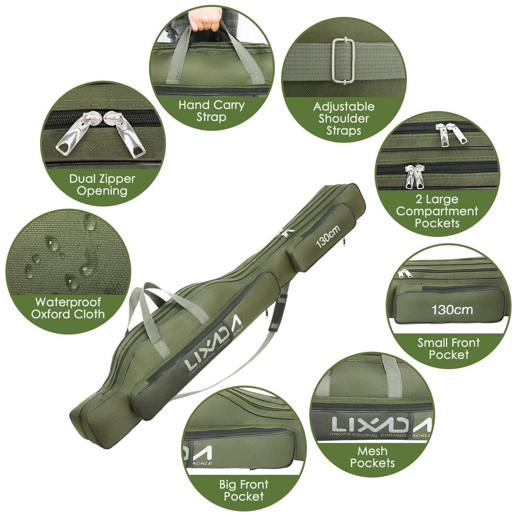 Lixada 130cm Portable Foldable Fishing Rod Case, Fishing Rod and Reel Storage Bag, Fishing Gear Organizer, Rod Case