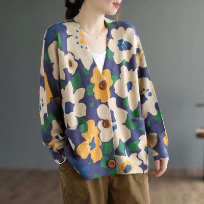 Autumn Winter Button Up Printed Mink Fur Cardigans for Women Loose Literary Retro Clothes Casual Long Sleeve V-neck Knitted Jacket Top