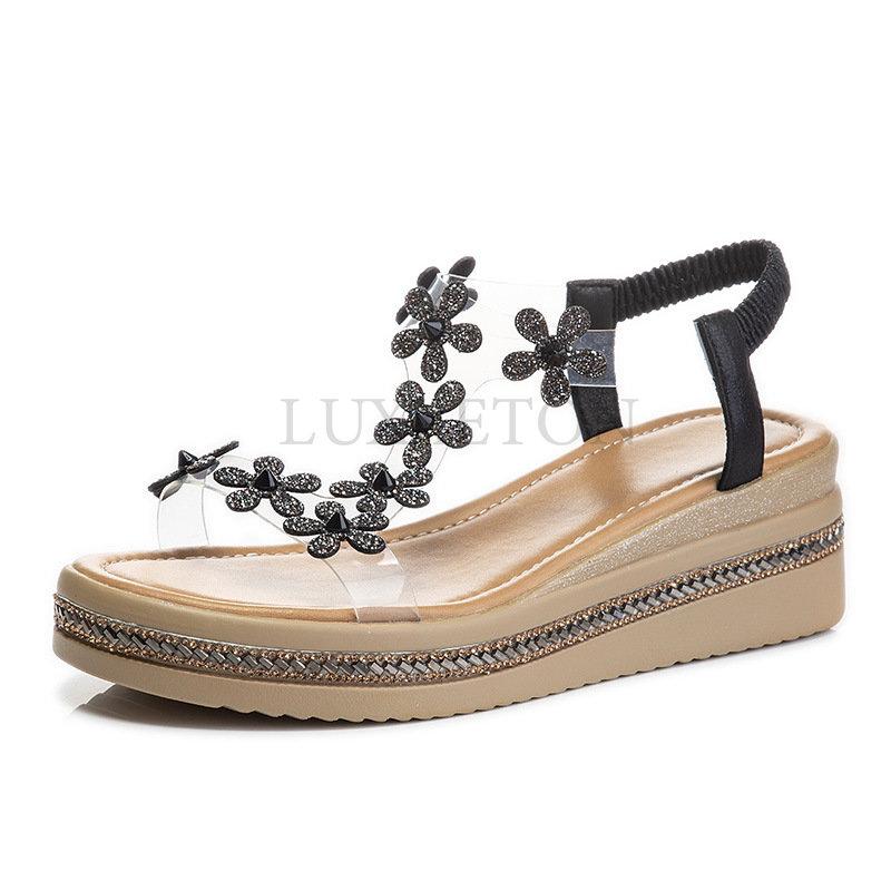 Summer Women Sandals Pvc Crystal Flower Decoration Chunky Heel Peep Toe Back Strap Elastic Band Elegant Fashion Shoes Ladies