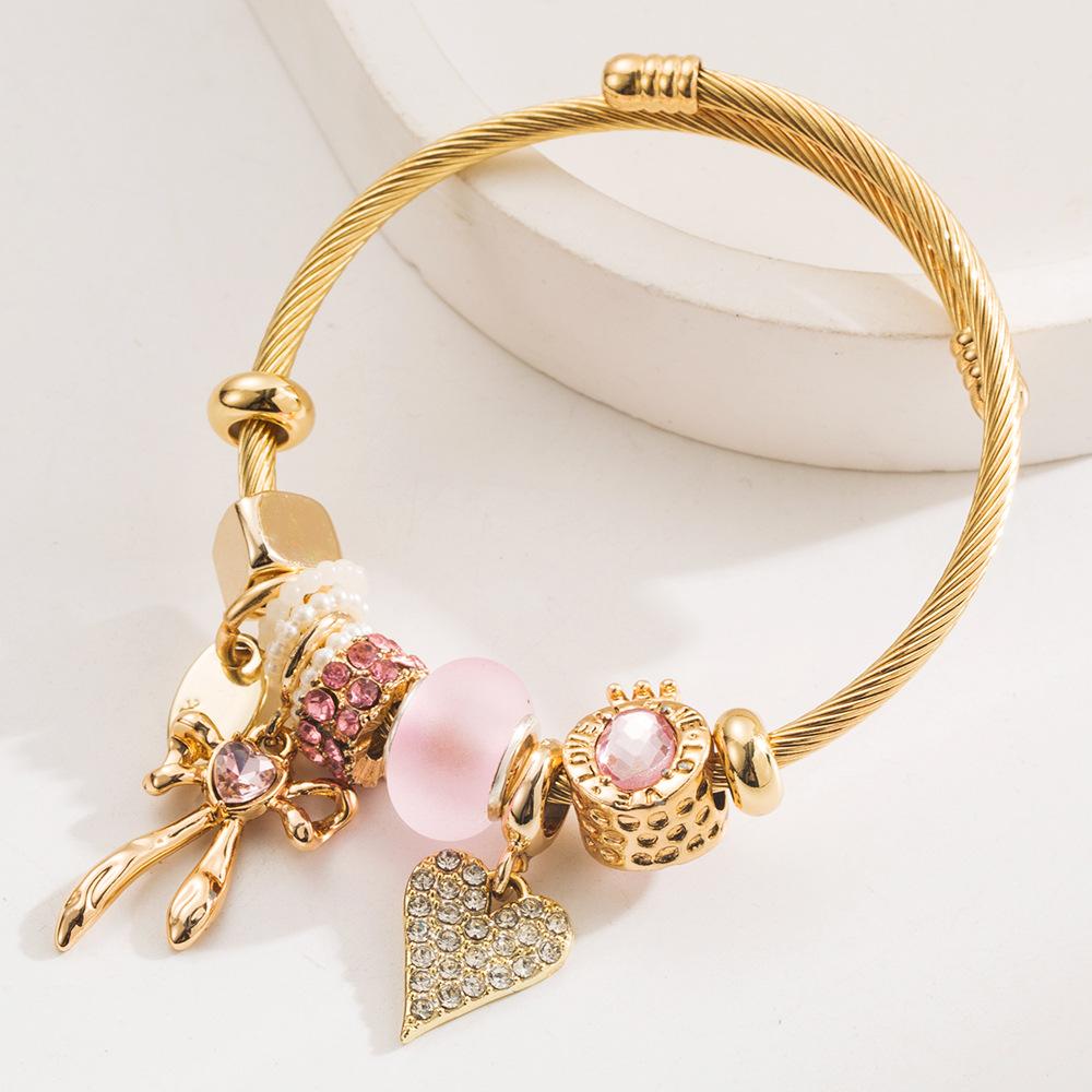 

Браслет с бантом и сердцем, свежий, универсальный, регулируемый, инкрустированный бриллиантами, для женщин розовый