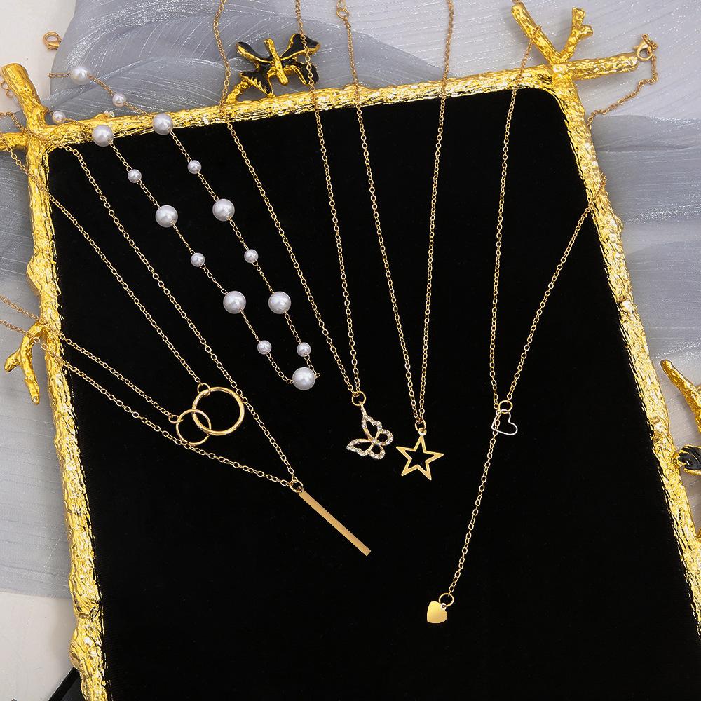 17KM 5-piece Set Ins Creative Personality Niche Set Necklace Women's Pentagram Love Butterfly Artificial Pearl Necklace