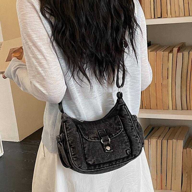 Borsa a tracolla in denim da donna, alla moda, per tutti i giorni, con tasca frontale, stile casual, borsa a mano