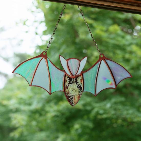 Bat Stained Glass Sun Catcher Translucent Window Hanging Decoration Handmade Acrylic Wall Art Light Catcher for Halloween Home Decor