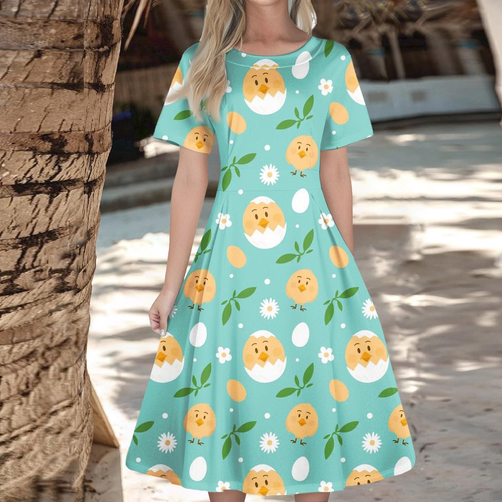 

Жіноча повсякденна модна сукня з круглим пасхальним принтом і короткими рукавами на талії середньої довжини. (з блискавкою) XL