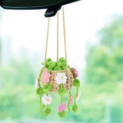 Car Ornament Crochet Car Accessories Cute Potted Plants Crochet Car Mirror Hanging Accessories Handmade Knitted Rearview Mirror Accessories