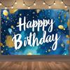 2D Blue Watercolor Happy Birthday Backdrop with Gold Dots Photo Booth Background