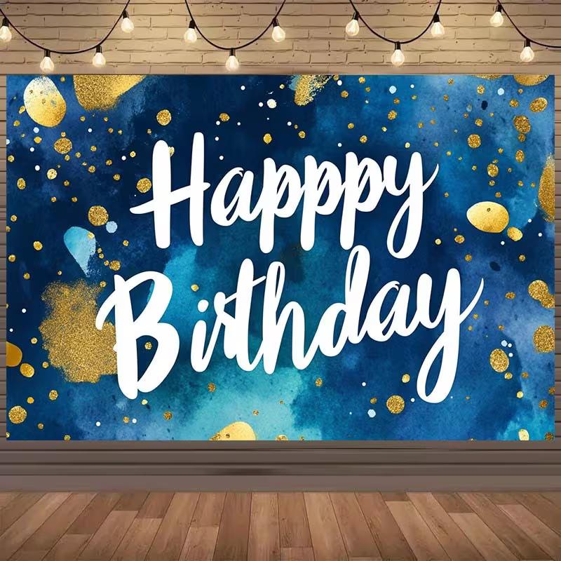 

2D Blue Watercolor Happy Birthday Backdrop with Gold Dots Photo Booth Background 47.2x31.5inch/120*80cm