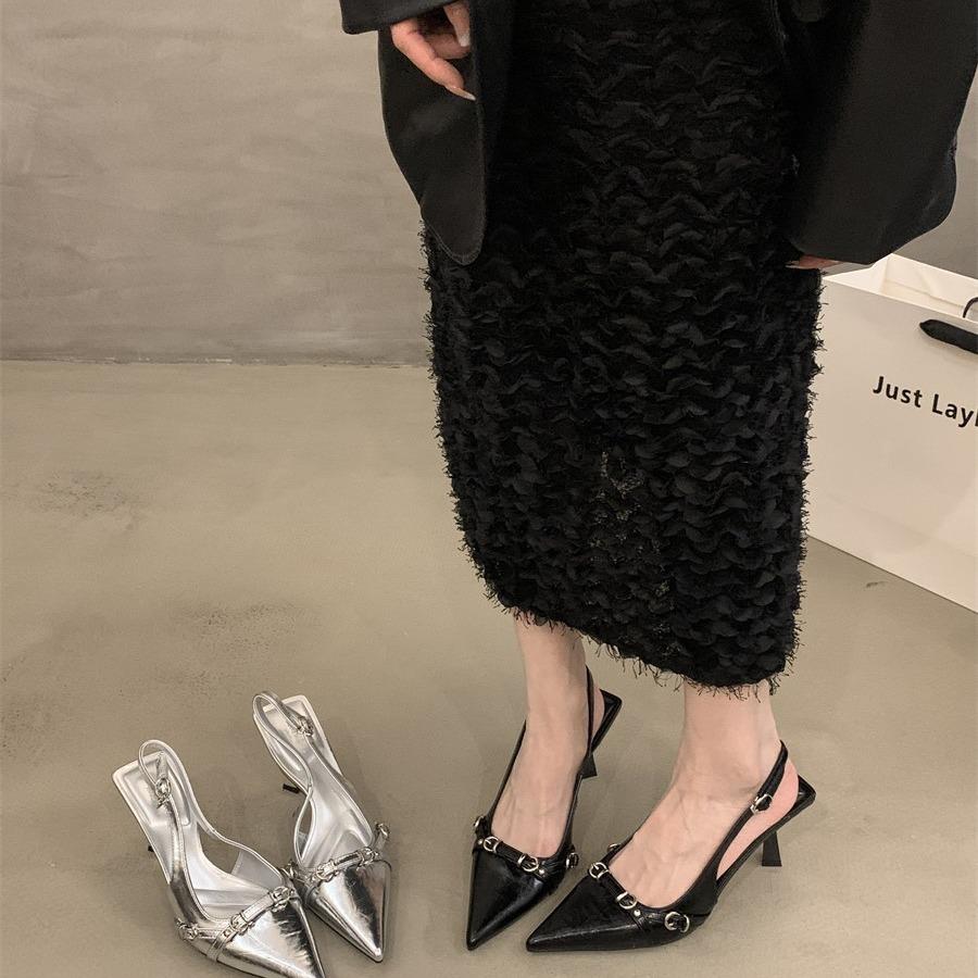 French Bag Head High-heeled Sandals Shallow Mouth Spring 2024 New Models Empty Thin Heel Temperament Celebrity Pointed Single Shoes Women's Shoes