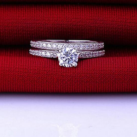 Women Engagement Wedding 2Pcs Ring Set Cubic Zirconia White Silver Plated Rings
