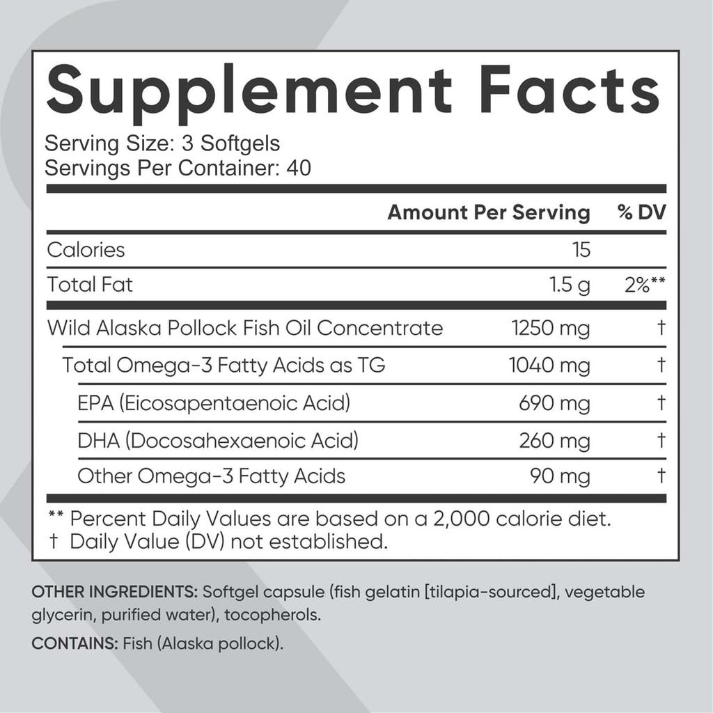 Triple Strength Omega 3 Fish Oil Capsules, All-Natural, 120 Capsules Per Pack, Easily Absorbed, Suitable for Adults