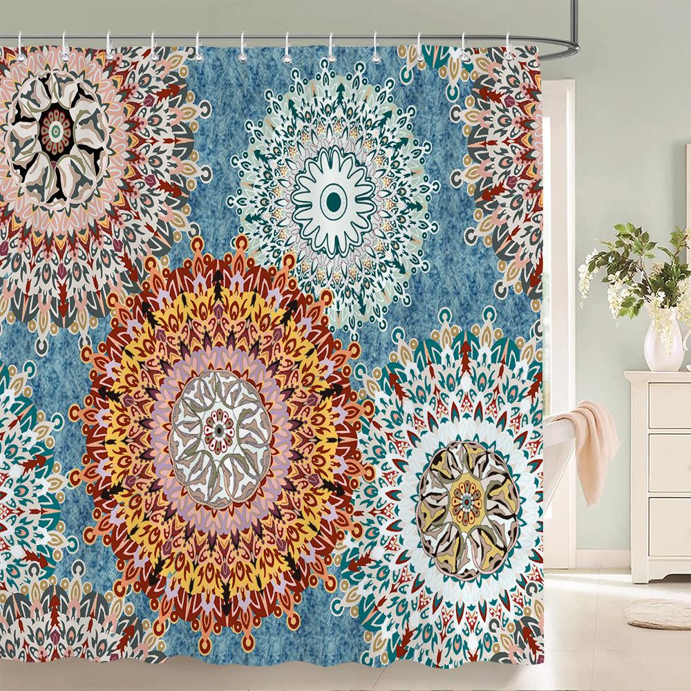 

High Quality Indian Mandala Pattern Printed Fabric Shower Curtains Bohemian Bath Screen Waterproof Bathroom Decor With 12 Hooks 90x180cm