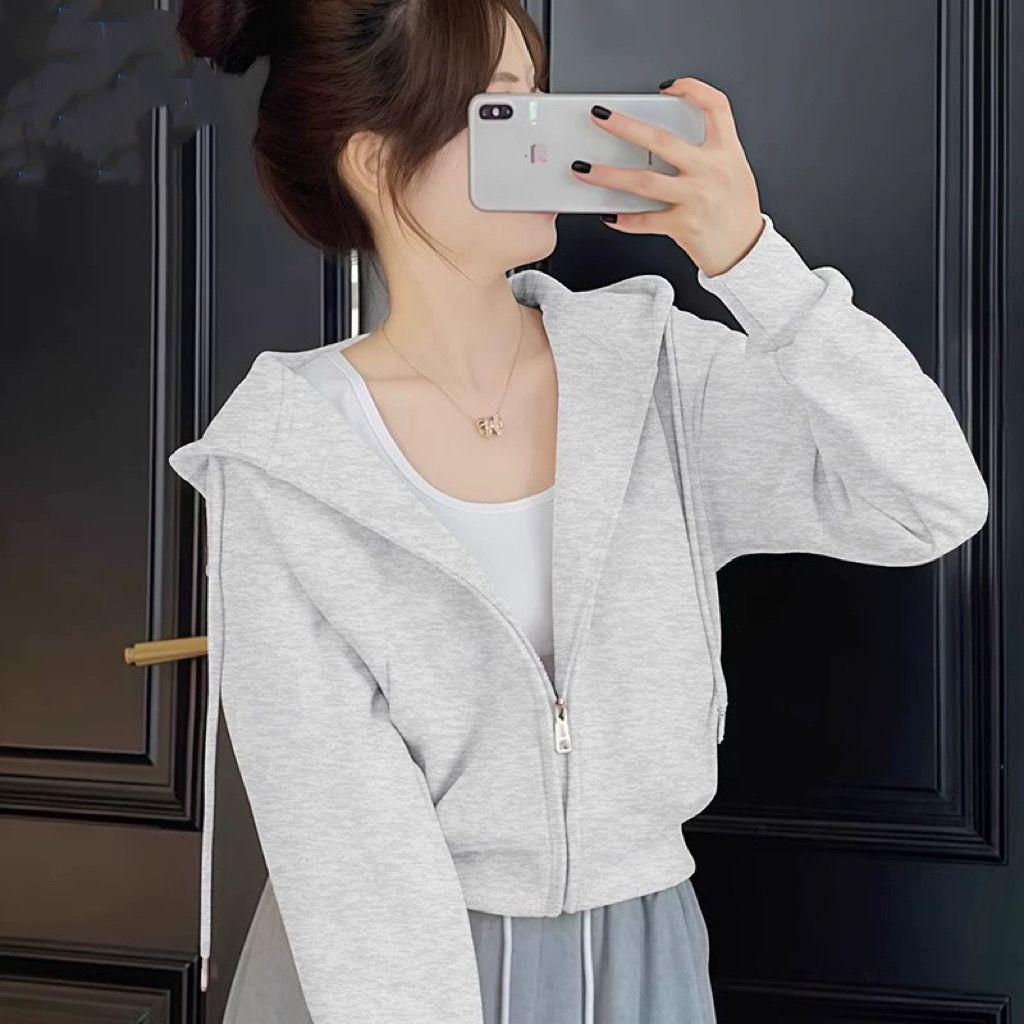 Women's White & Gray Hooded Cardigan Sweatshirt: 2025 Spring/Autumn Loose Fit Short American Style Baseball Jacket