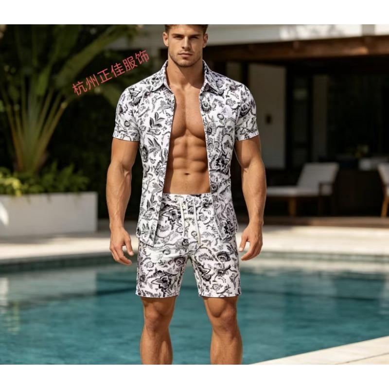 Herren Hemd mit Paisley-Print, kurzärmlig, und Shorts Set