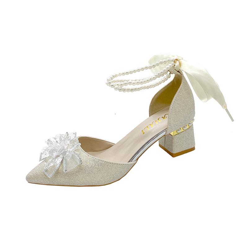 Casual Fashion Pearl One Word Wedding Single Shoes Summer New Pointed Toe Shallow Slip Rhinestone Bow Square Heels