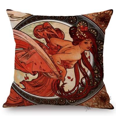 Vintage European Art Nouveau Mucha Gallery Decorative Sofa Pillow Cover Beautiful Beauty Girl Cotton Linen Luxury Cushion Cover