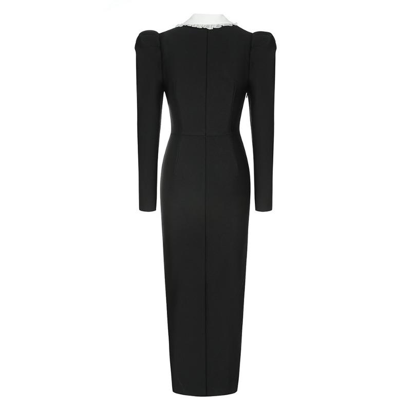 New long-sleeved bandage dress temperament elegant lapel lace split dress