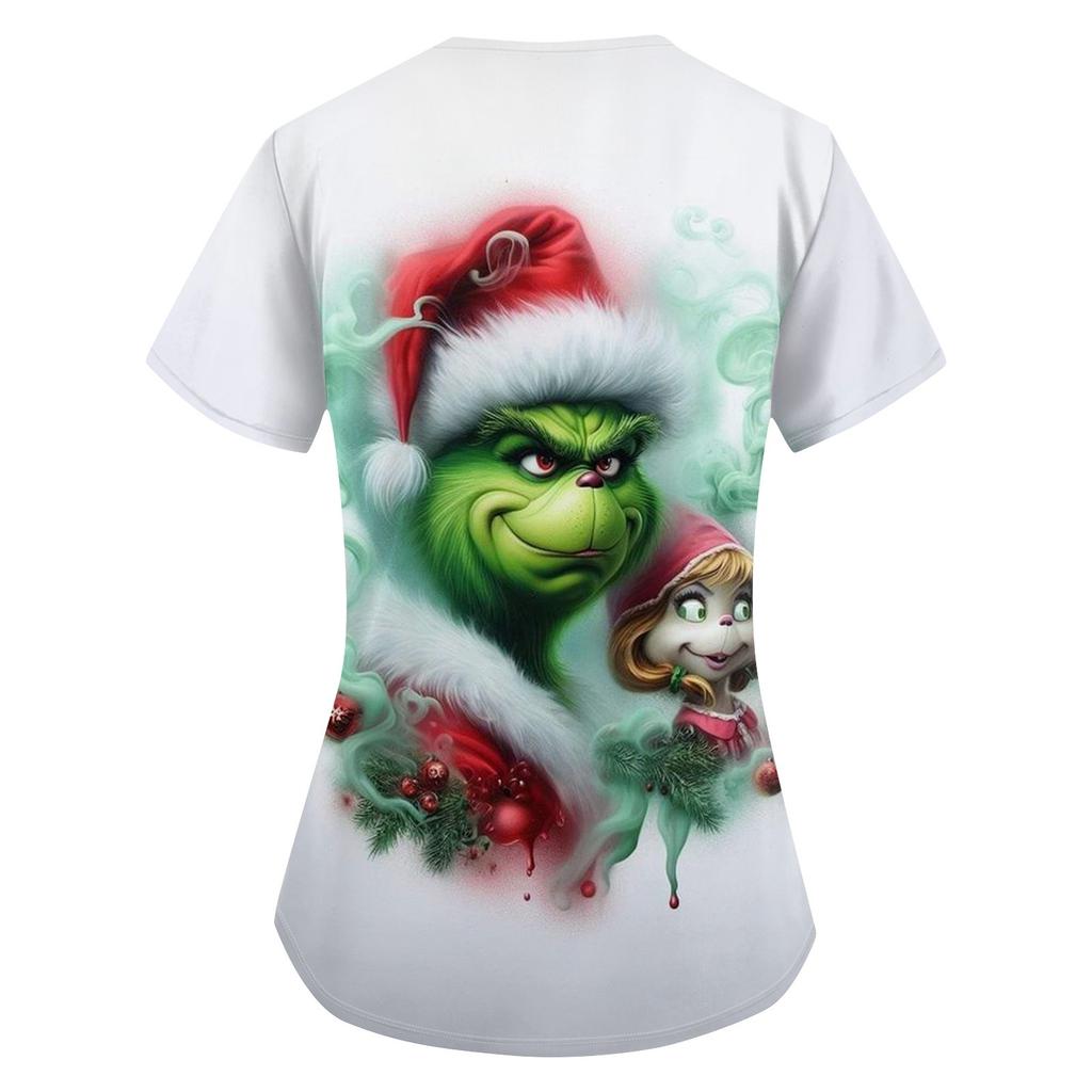 Women's Christmas Printing Uniform Work Uniform V-Neck Pocket Protective Work Uniform