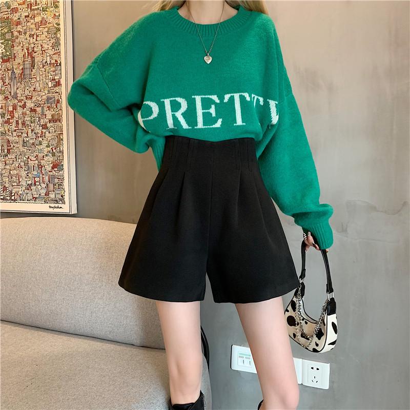 Women's Woolen Wide-Leg Shorts - High Waist, A-Line Black Casual Boots Pants for Spring and Autumn 2024