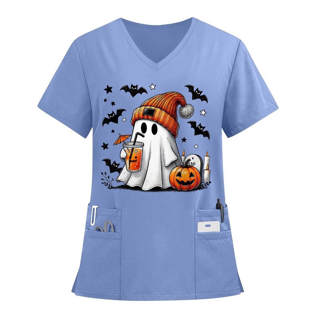 Women's V-neck Halloween Printed Short-sleeved Pocket Side-slit Protective Suit Top