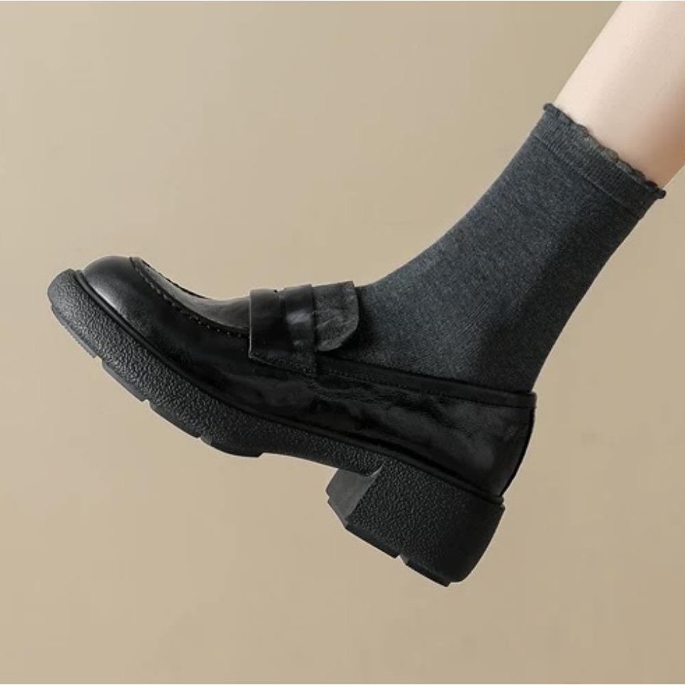 Women's Loafers Spring and Autumn Retro Platform Shoes One-pedal Leather Shoe Women's New British Thick Heel Pumps Shoes Women