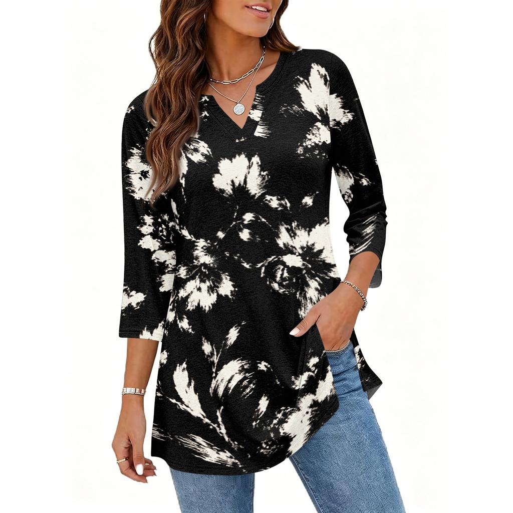 Damen Lässiger V-Ausschnitt 3/4 Ärmel Pullover Tunika Oberteil Blumenmuster Mittellange Bluse Leichte Bequeme Passform